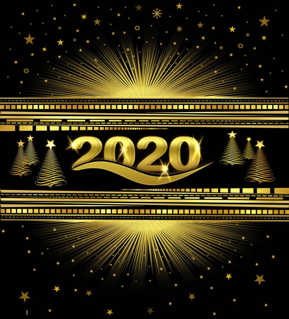 金色2020新年圖形，帶有星爆和樹木，背景為黑色