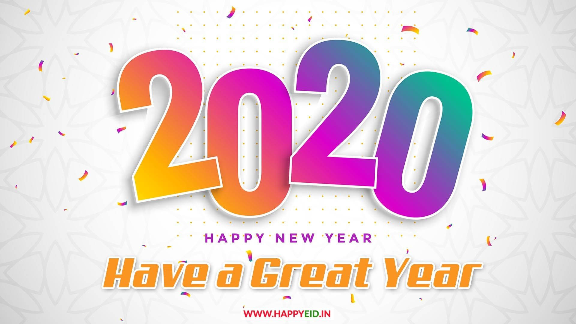 色彩繽紛的2020新年祝福，帶有五彩紙屑和節日文字。