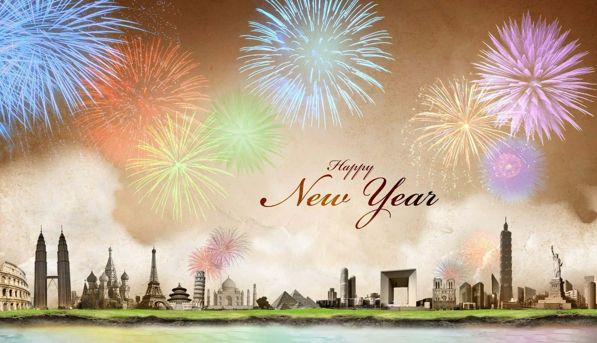 全球地標在色彩繽紛的新年煙花下，帶有「Happy New Year」文字。