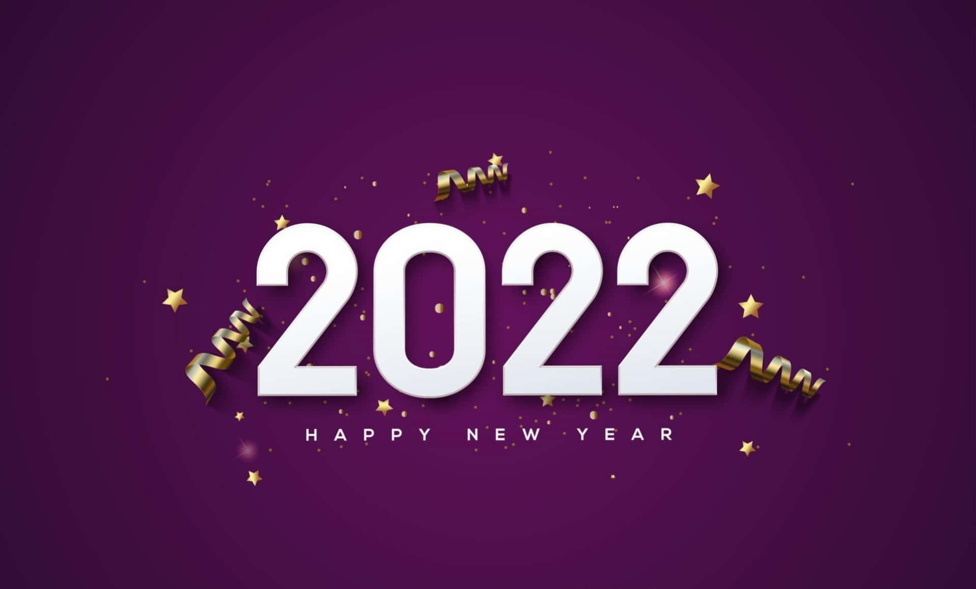 紫色背景上帶有金色紙屑和星星的新年快樂2022。