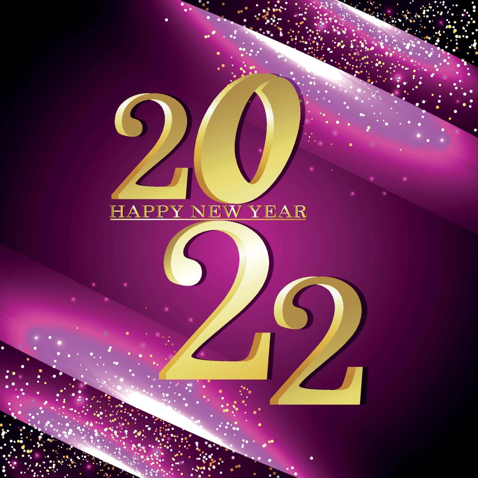 金色2022年新年文字配紫色閃粉條紋，適合慶祝。