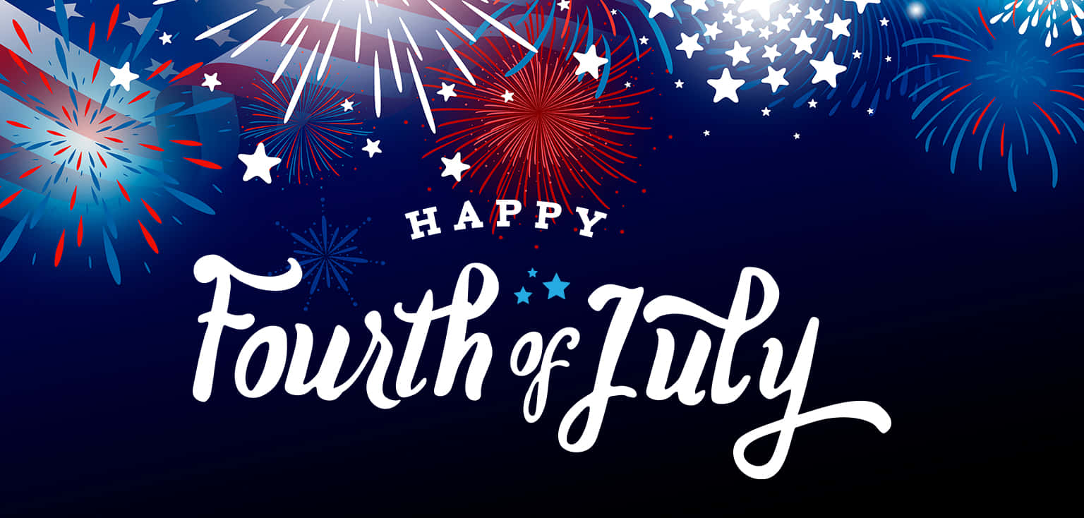Happy Fourth of July 煙火圖形，帶有紅色、白色和藍色的爆發和星星
