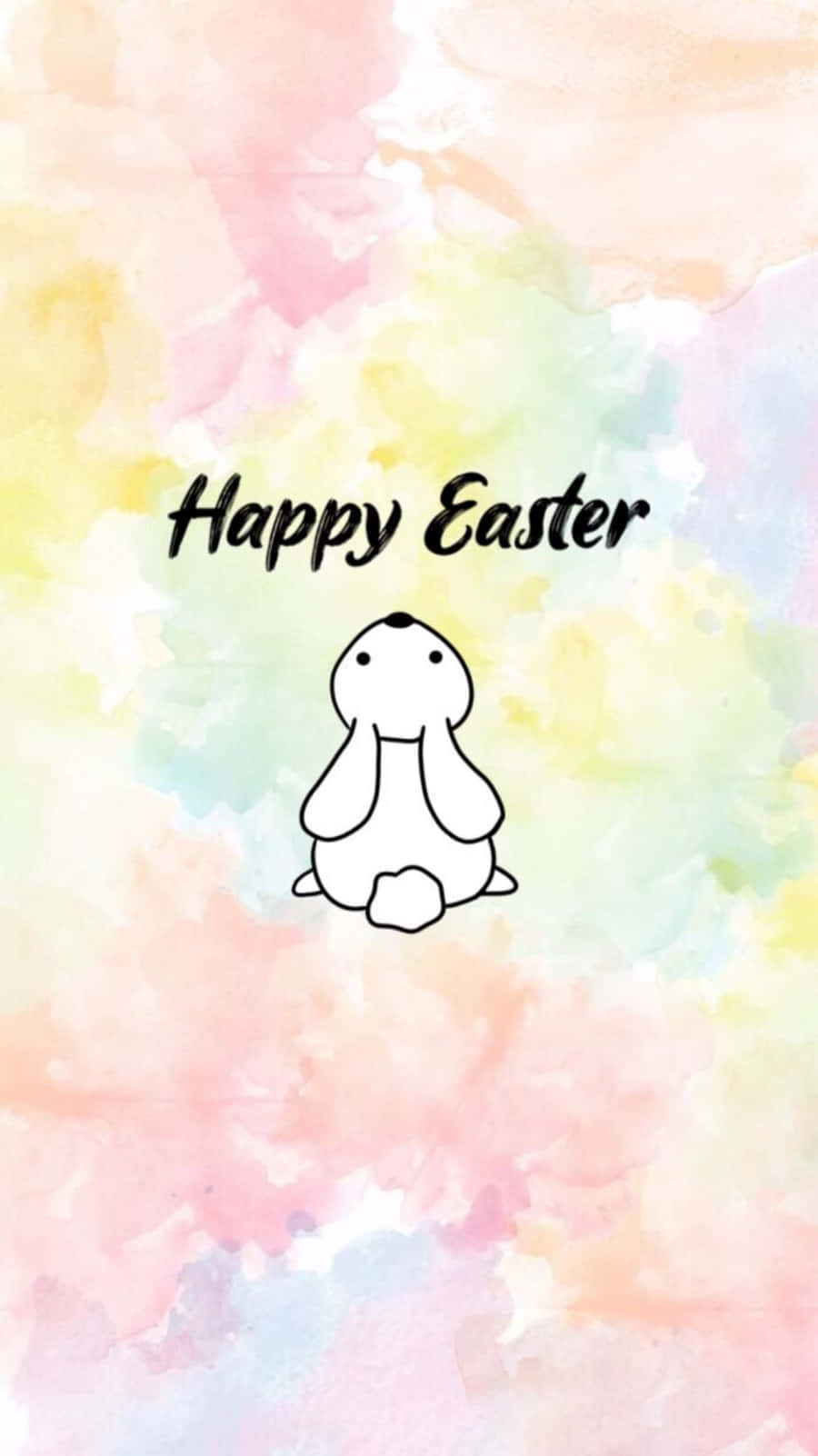 祝您復活節快樂！ 壁紙 — 一隻可愛的簡約兔子坐在柔和的粉彩水彩背景中央，帶有 'Happy Easter' 文字。