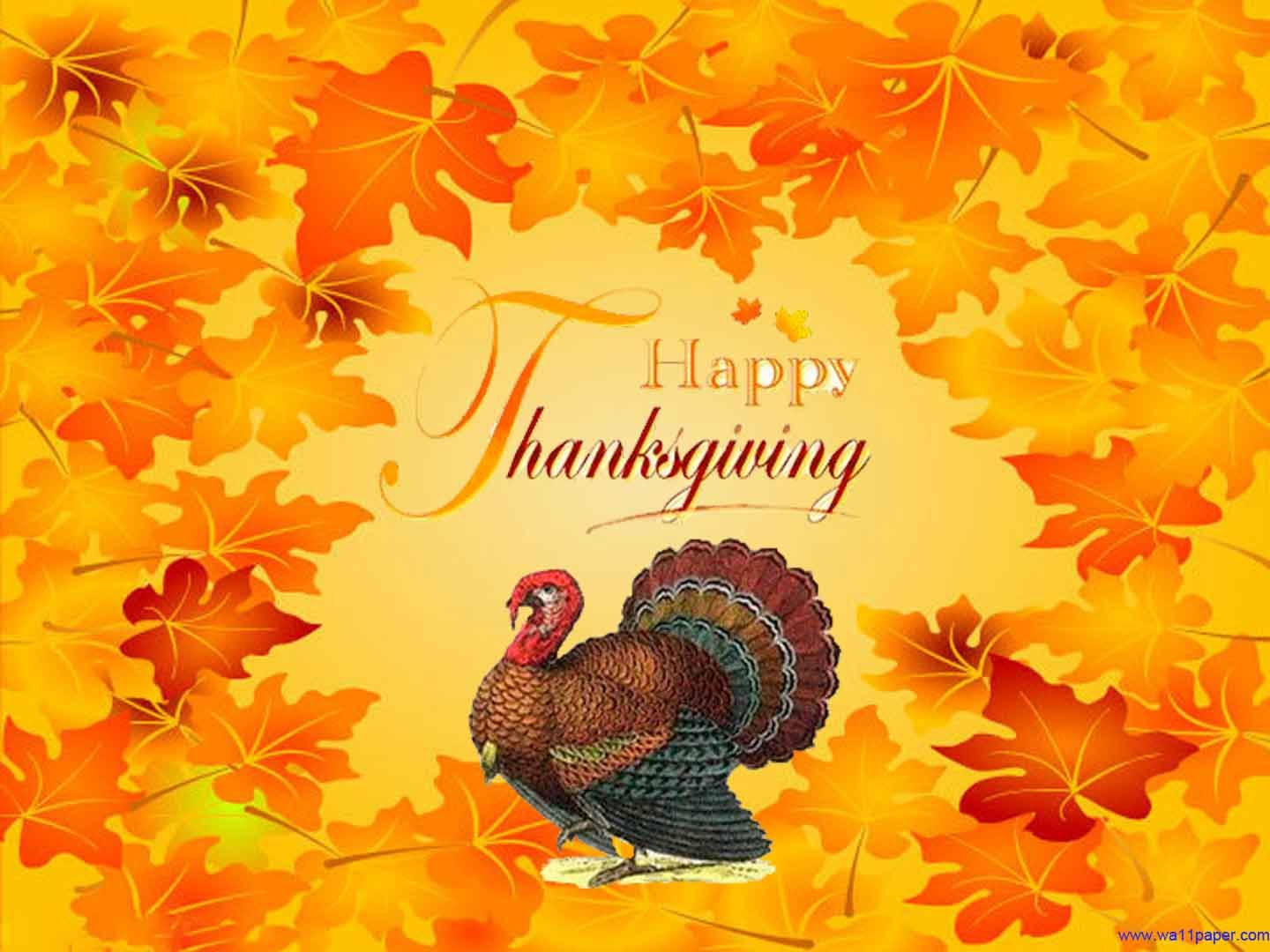 火雞被秋葉環繞，並帶有 Happy Thanksgiving 文字。