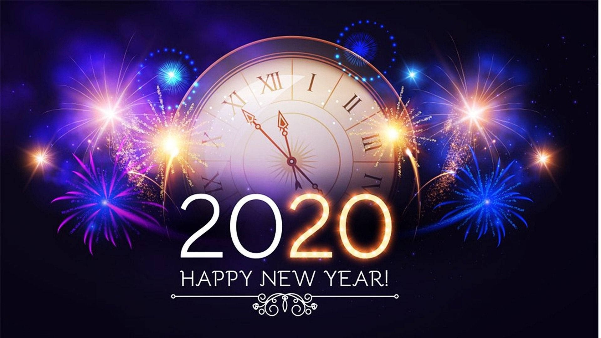 帶有煙火和文字的時鐘，慶祝2020年新年