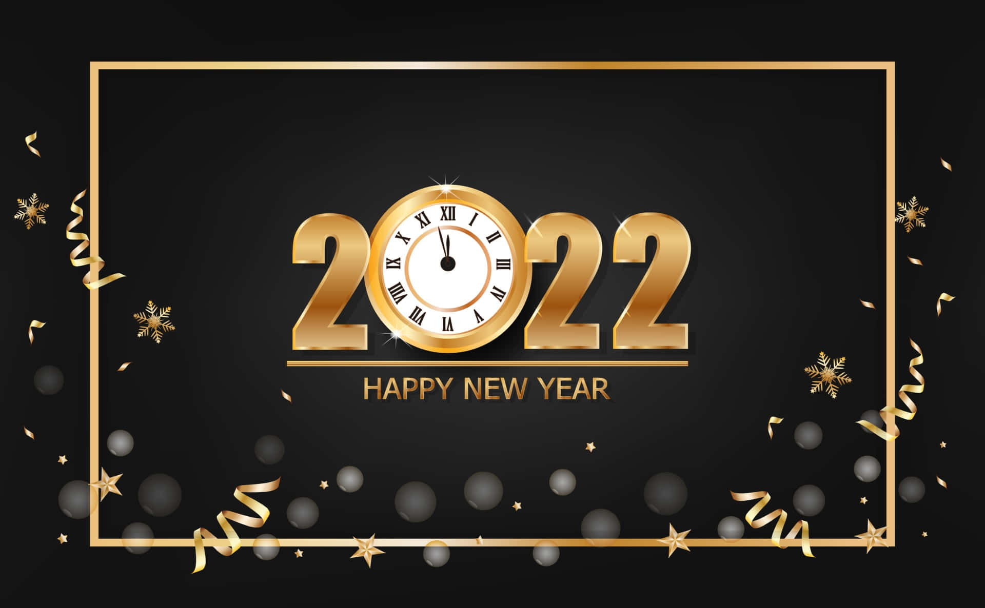 金色2022年新年時鐘，黑色背景上帶有五彩紙屑。