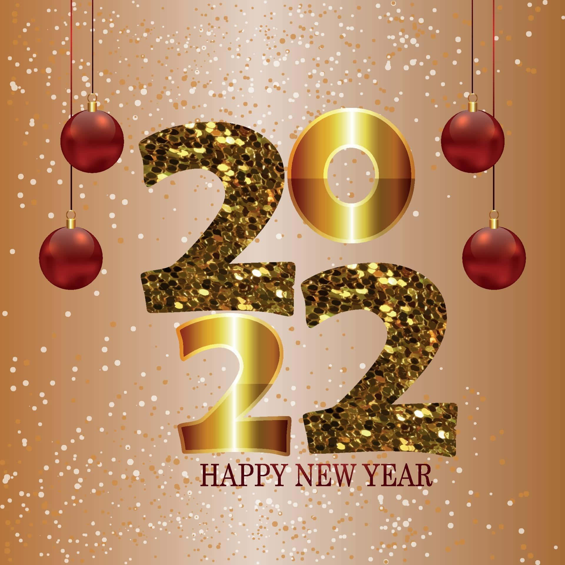 新年快樂2022，金色閃粉文字和紅色懸掛裝飾。
