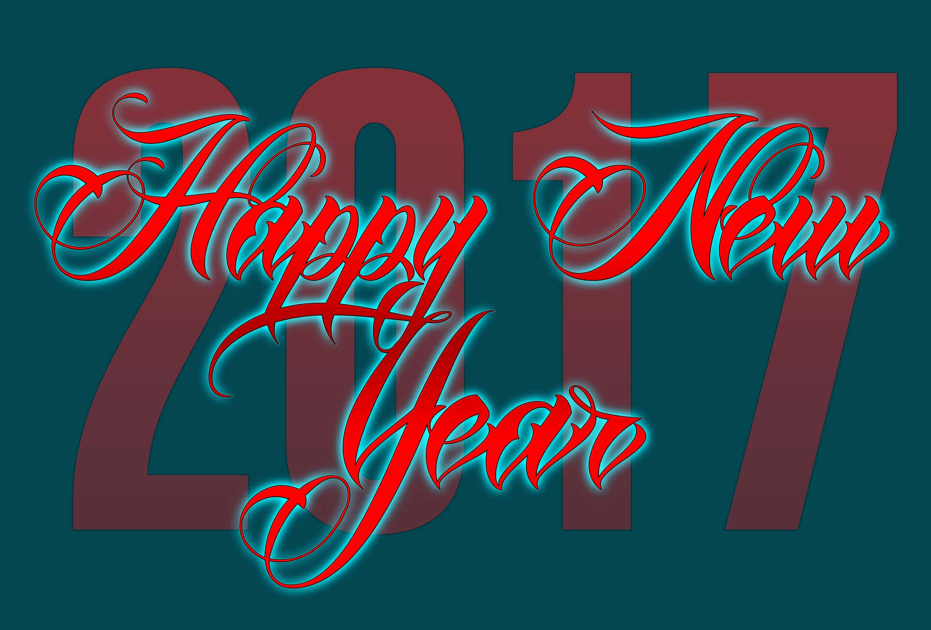 祝您新年快樂，前程似錦！ 壁紙 — 粗體紅色草書「Happy New Year」文字帶有發光青色輪廓，覆蓋在青色背景上的大型酒紅色「2017」數字上。