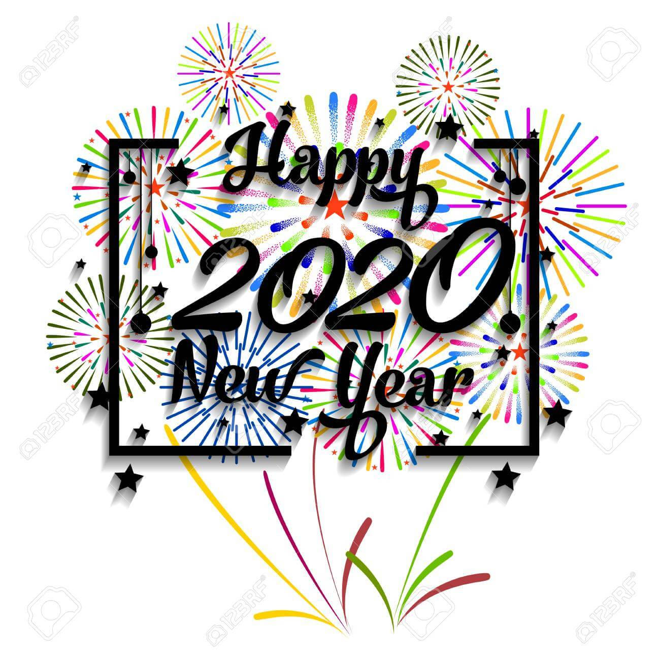 Happy 2020 New Year 文字被色彩繽紛的煙火和星星包圍。