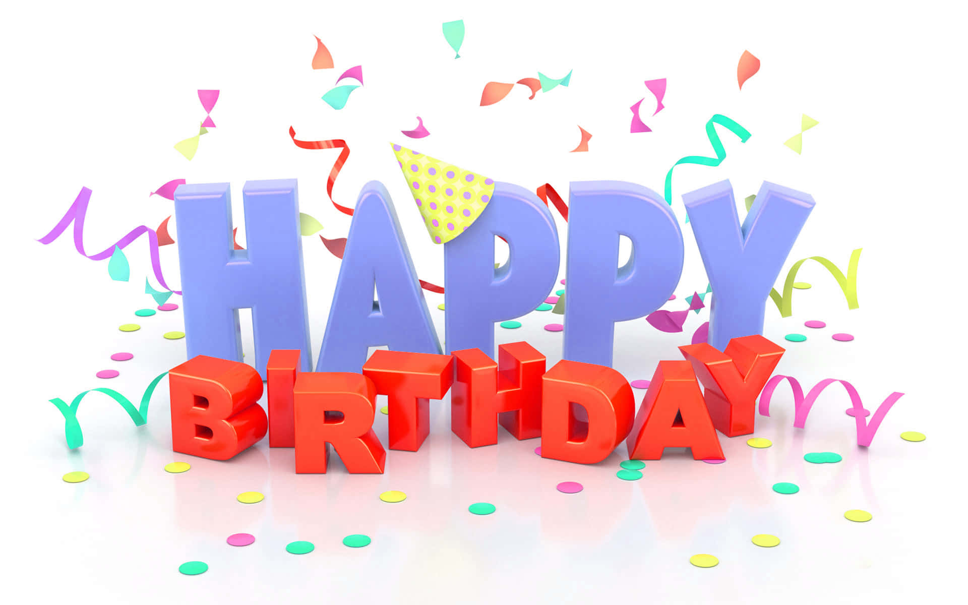 祝您生日快樂！ 壁紙 — 紫色和紅色的鮮豔3D生日字母，彩色紙屑和彩帶在白色背景上飄浮。
