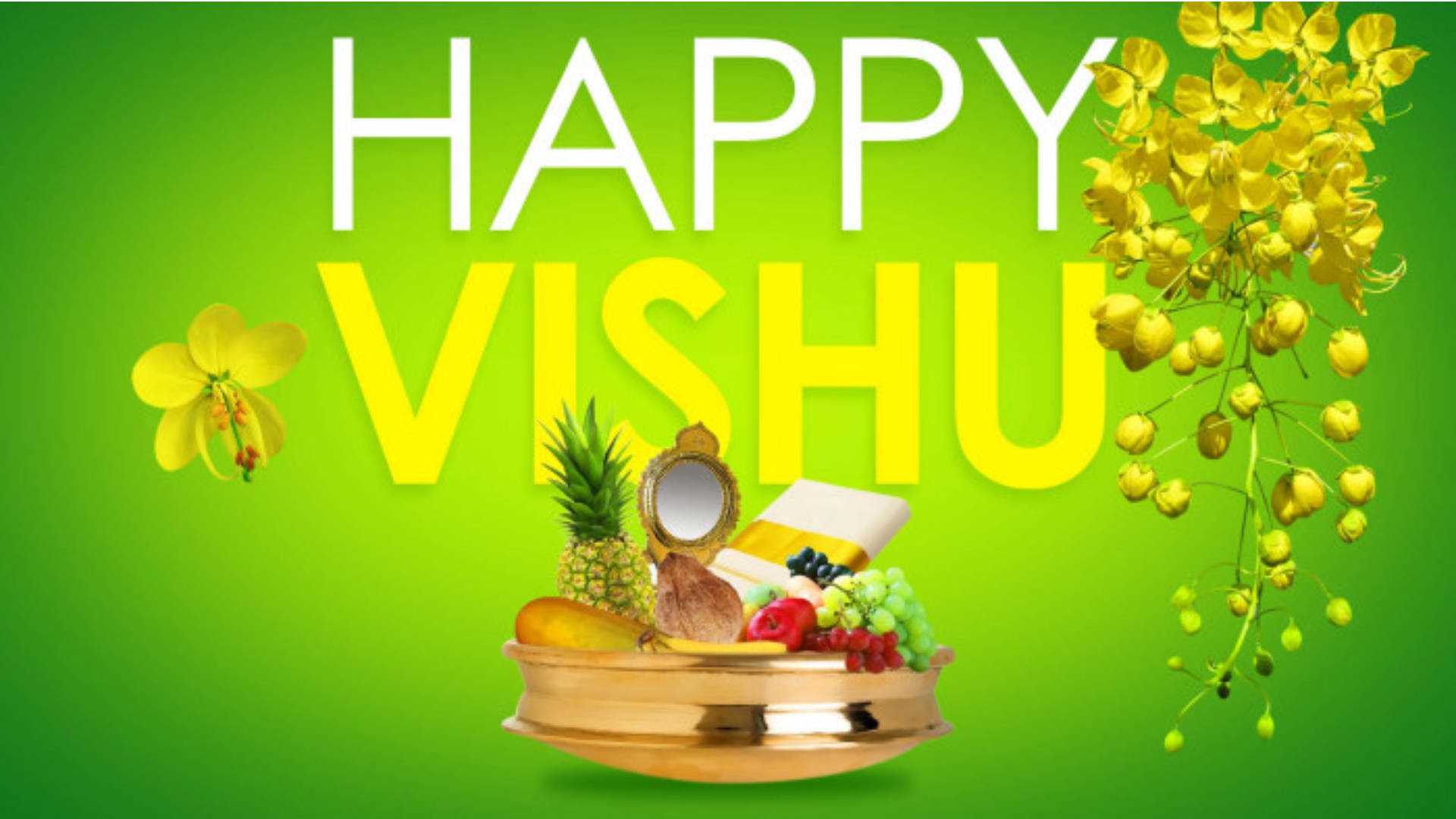 Happy Vishu 節日展示，水果、鮮花和金色盤子在綠色背景上