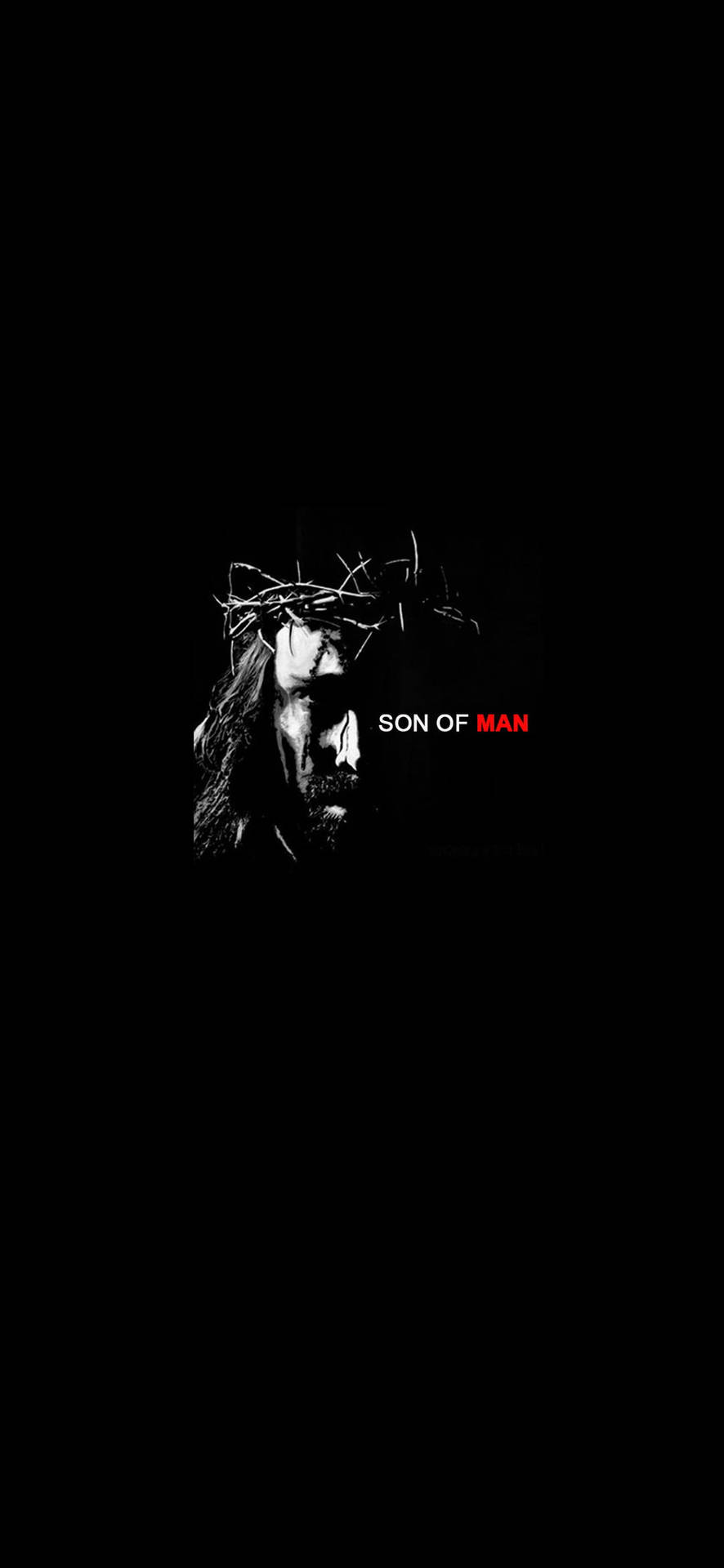 一個戴著荊棘冠冕的男人和紅色文字 'SON OF MAN'。