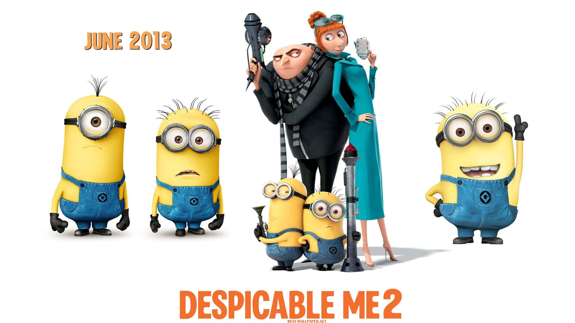 《壞蛋獎門人2》中Gru和Lucy與五個穿著藍色工裝褲的Minions。