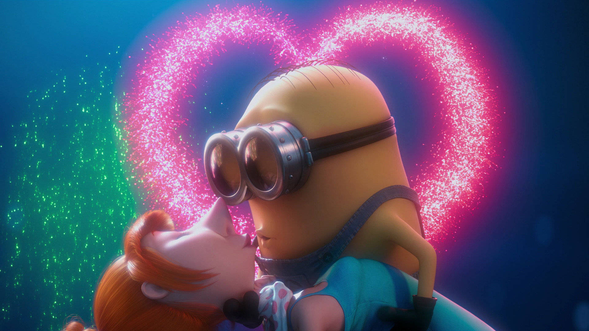 Minion和女孩親吻，身後有閃爍的心形。