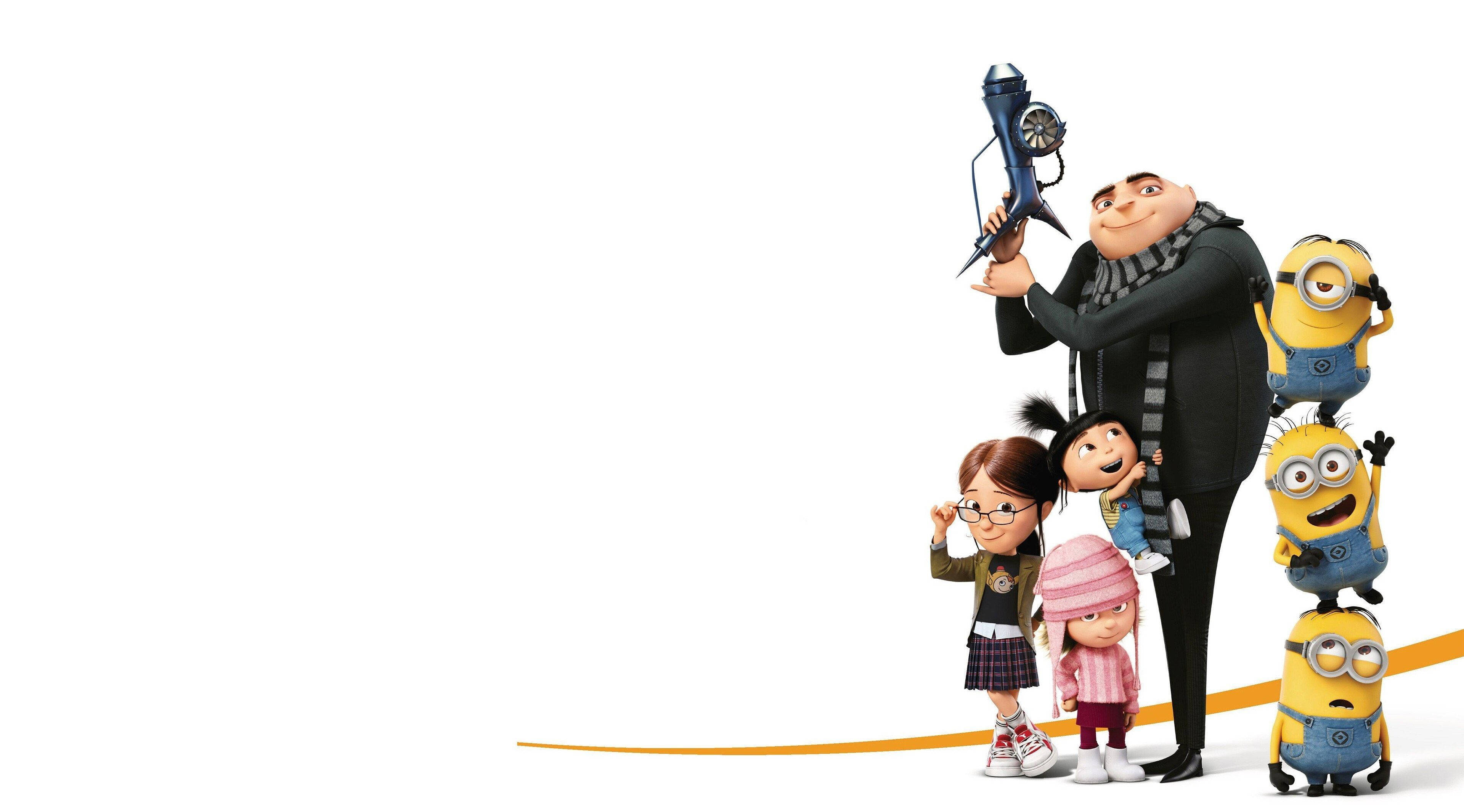 《神偷奶爸3》中的費倫尼厄斯·格魯與小兵 壁紙 — Gru與三個女孩和四個Minions站在純白色背景前，手持藍色射線槍。