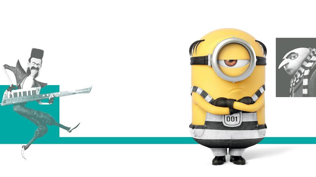 一個黃色Minion交叉雙臂，旁邊是一個黑白反派在彈奏鍵盤結他。