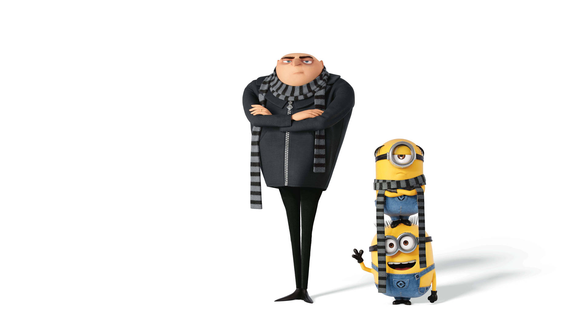 Gru 和一個戴著條紋圍巾的 Minion 站在一起。 — 小黃人 壁紙