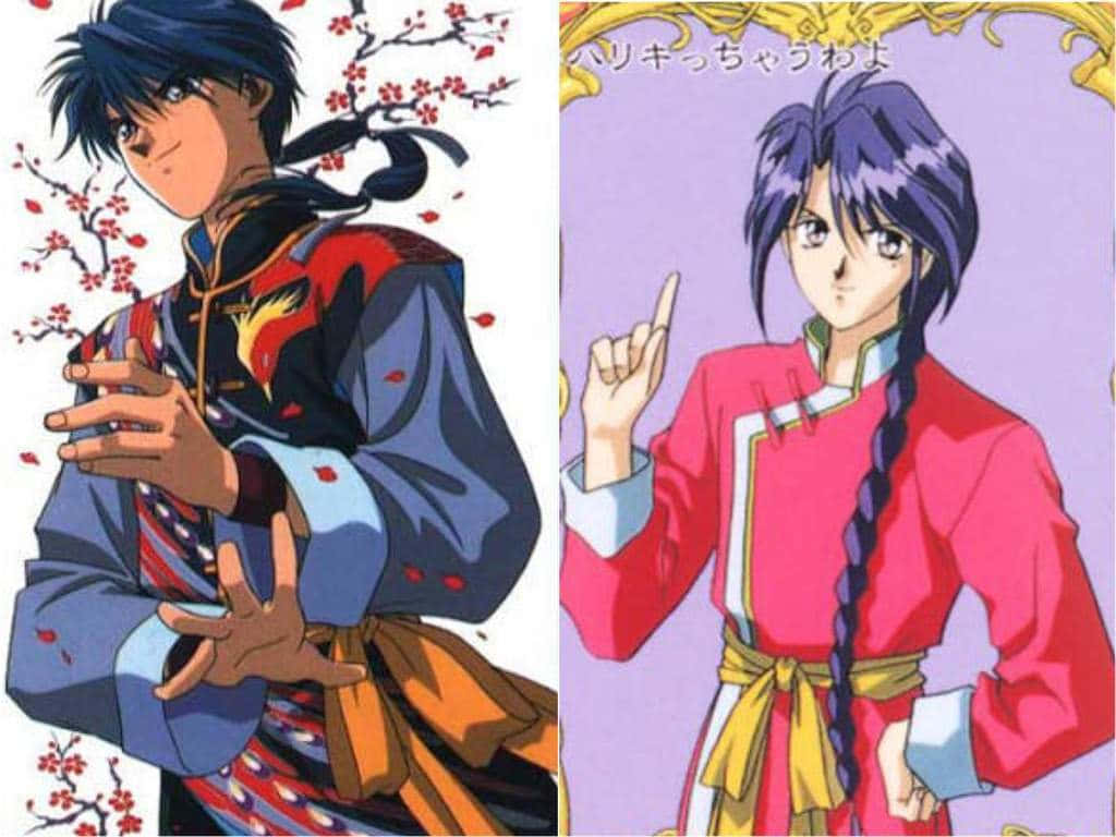 神劍與神風在《奇幻貴族》中重逢 壁紙 — 兩個動漫角色穿著傳統服裝，一個有櫻花，另一個有辮子和手指手勢。
