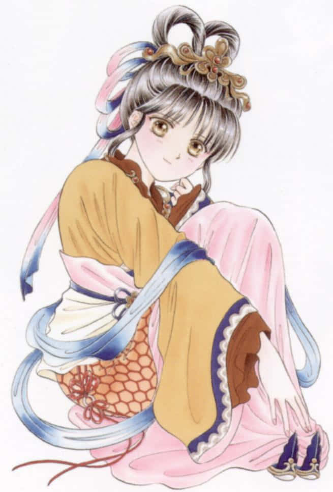 神劍與神風在四神神社重修舊好 壁紙 — 一位穿著傳統中國服飾的細膩動漫女孩，帶著溫柔的微笑和華麗的頭飾優雅地坐著。