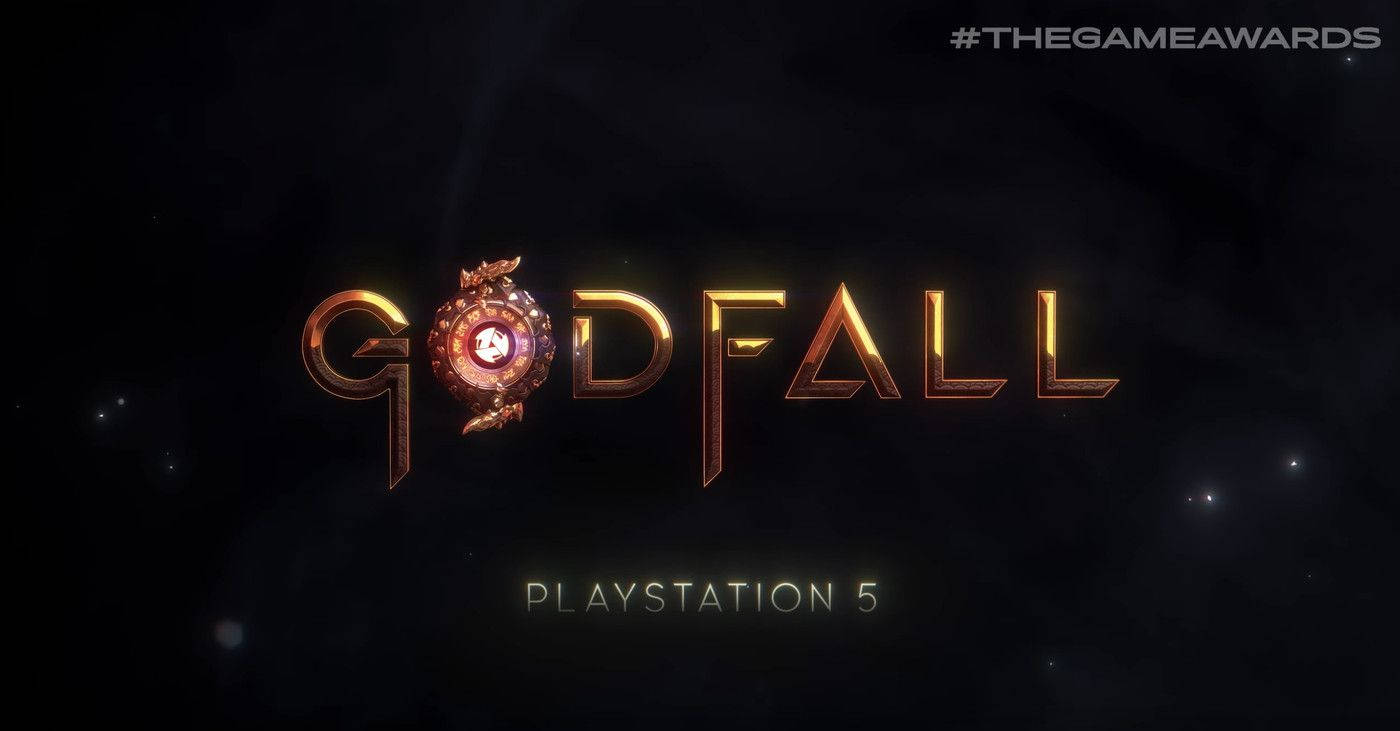 神墜 PlayStation 5 海報 壁紙 — GODFALL 遊戲標題以發光金色字母呈現，字母 'O' 上有一個神秘球體，背景為黑暗的宇宙。