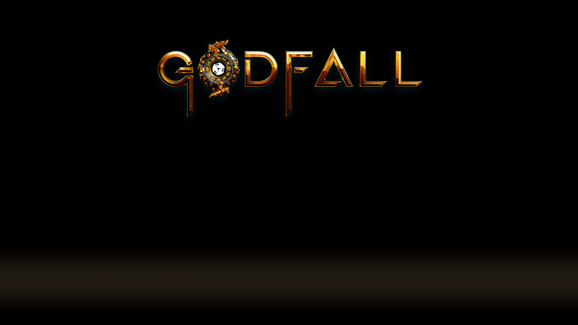 神墜的壯闊冒險即將展開 壁紙 — 「GODFALL」一詞以華麗的金色字體在純黑背景上發光，底部帶有微妙的漸變效果。