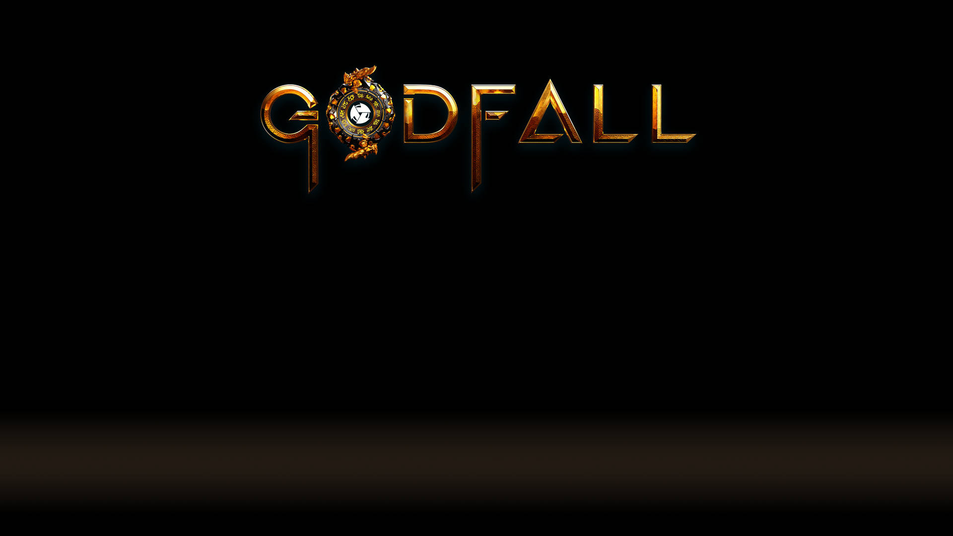 神墜遊戲標題標誌 壁紙 — Godfall 標誌在純黑色背景上以華麗的金色發光，並帶有微妙的漸變地板。