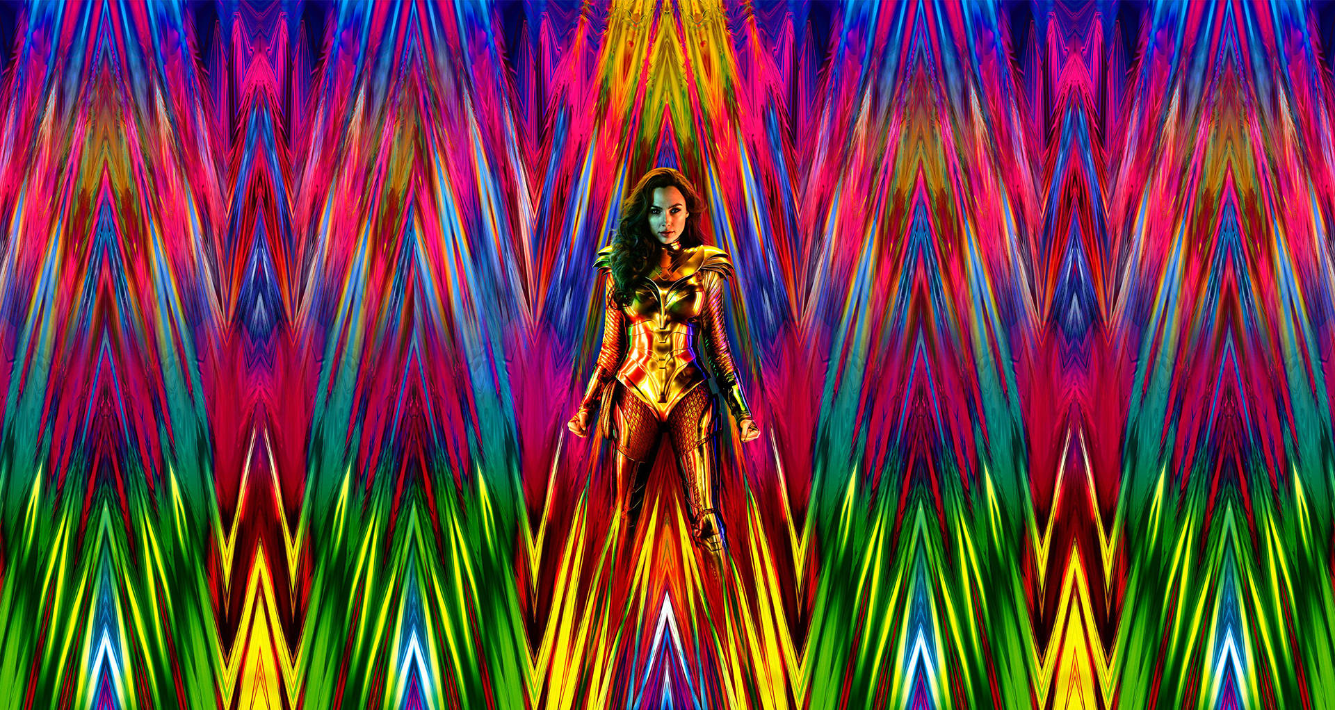 神奇女俠身穿金色盔甲，背景為迷幻彩虹鋸齒圖案。