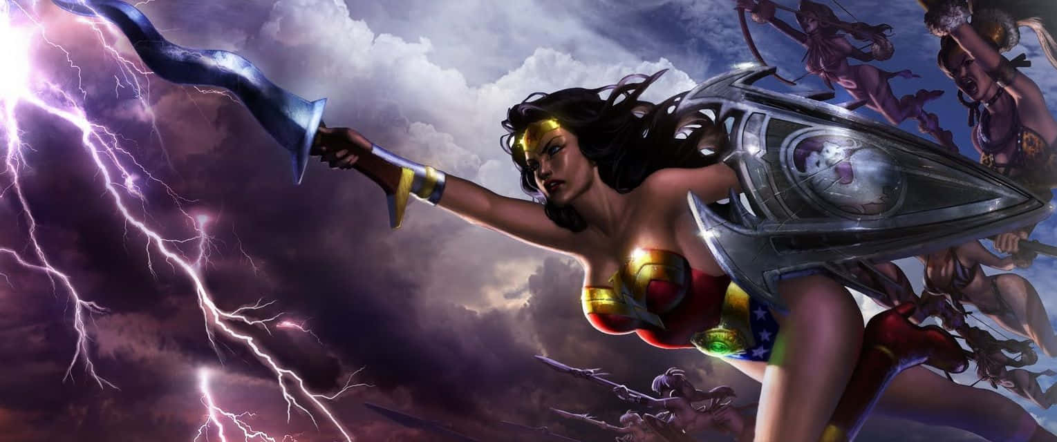 Mortal Kombat Vs Dc Universe 桌布 壁紙 — 神奇女俠在暴風雨的天空下揮舞她的真言套索和盾牌，周圍閃電交加。