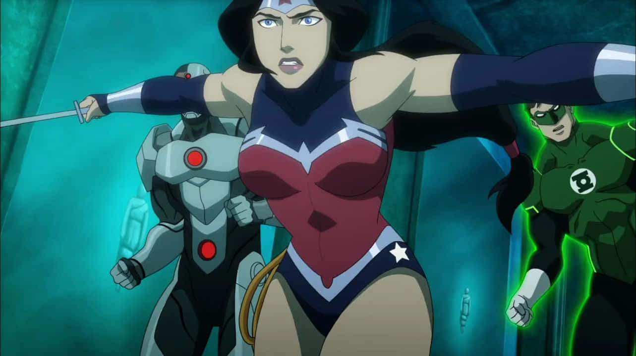 Justice League Throne Of Atlantis 桌布 壁紙 — 神奇女俠帶領一隊超級英雄，在充滿動感的動畫風格動作場景中，伴隨著發光的綠色和青綠色燈光。