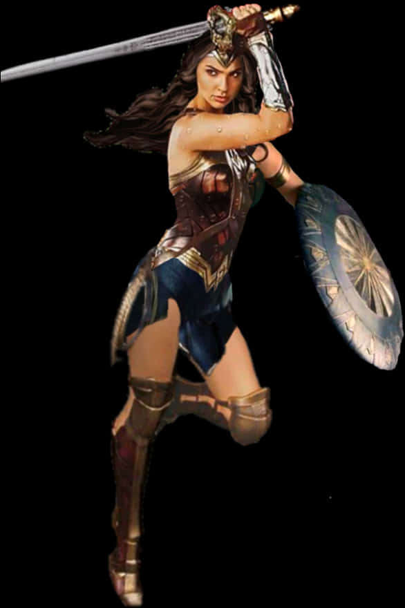 神奇女俠戰鬥準備 壁紙 — 神奇女俠以動態戰鬥姿勢揮舞劍和盾牌，背景為黑色。