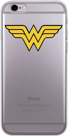 神奇女俠手機殼標誌 壁紙 — 銀色 iPhone 6s 背面，中央有一個大膽的黃色神奇女俠標誌貼紙，位於其啞光飾面上。