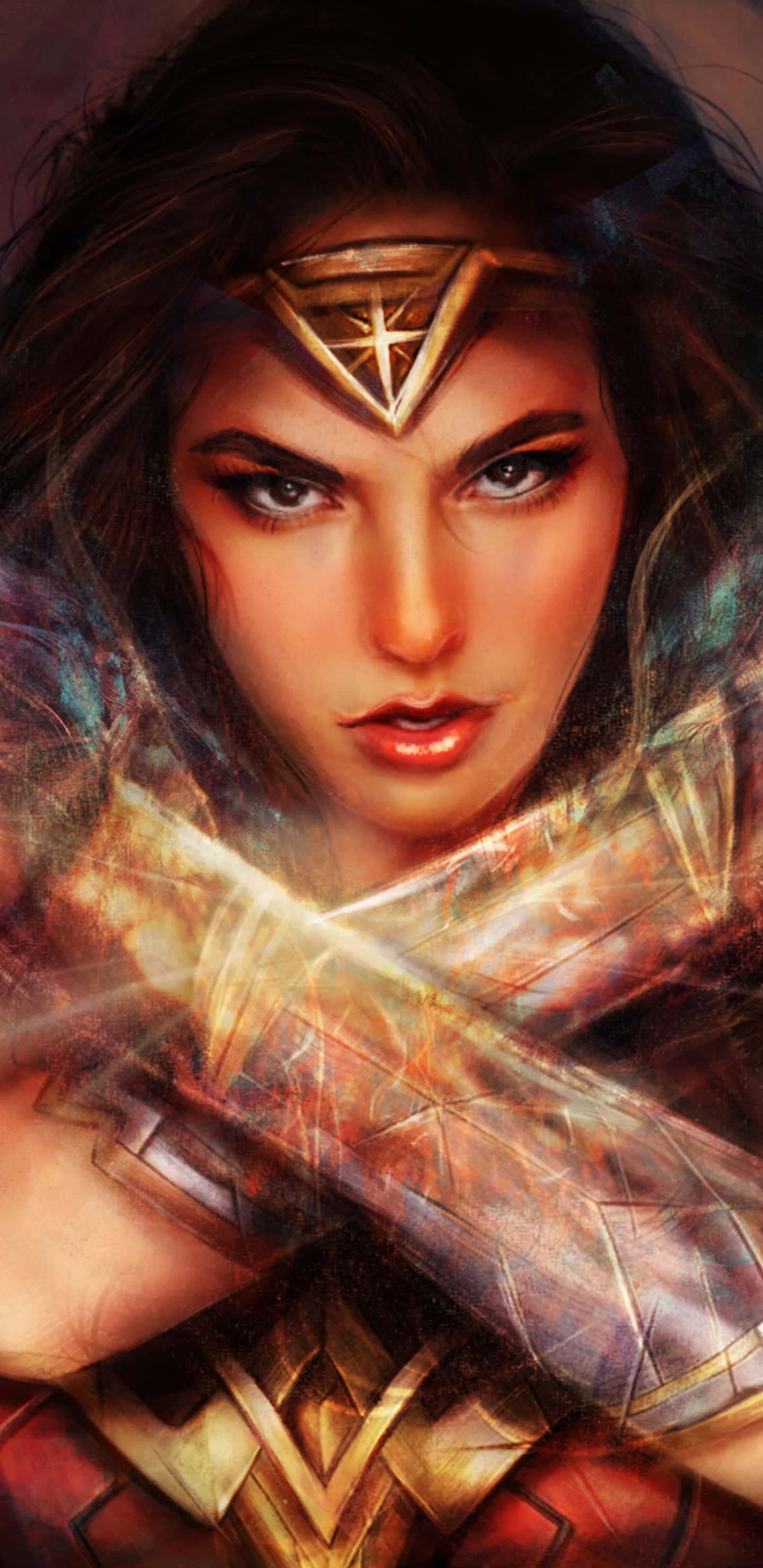 神奇女俠打破界線 壁紙 — 一位兇猛的亞馬遜戰士戴著金色頭飾和盔甲，雙臂周圍能量噼啪作響，她凝視著前方。