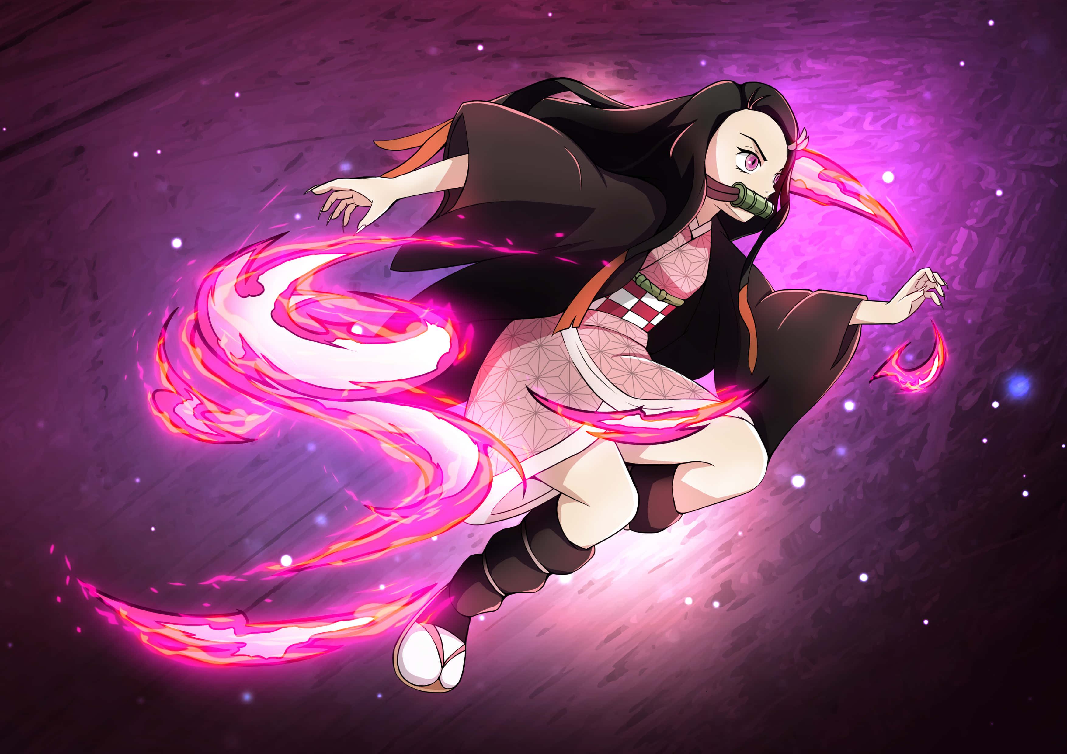 神奇女俠禰子，準備拯救世界！ 壁紙 — 一個充滿動感的動漫女孩，長長的黑髮，粉紅色的火焰般能量在充滿活力的紫色宇宙背景中圍繞她旋轉。