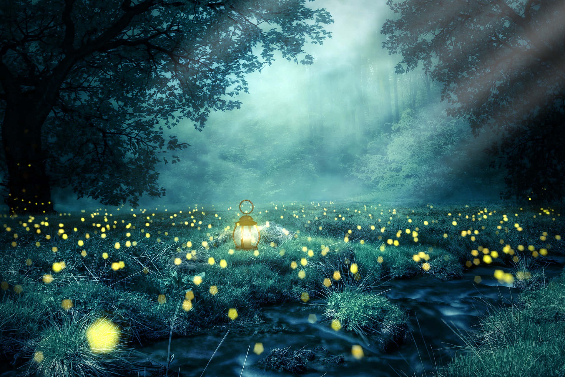 神奇森林的迷人風景 壁紙 — 一盞發光的燈籠放在一個充滿螢火蟲在草地和溪流上跳舞的迷霧森林空地中。