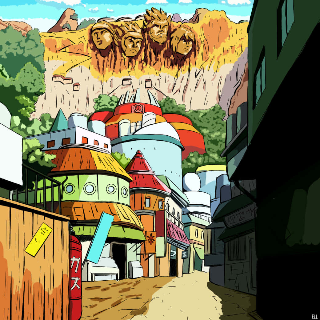 神奇的木葉村 壁紙 — 充滿活力的動漫風格街景，色彩繽紛的建築物和上方懸崖上雕刻的巨大面孔。