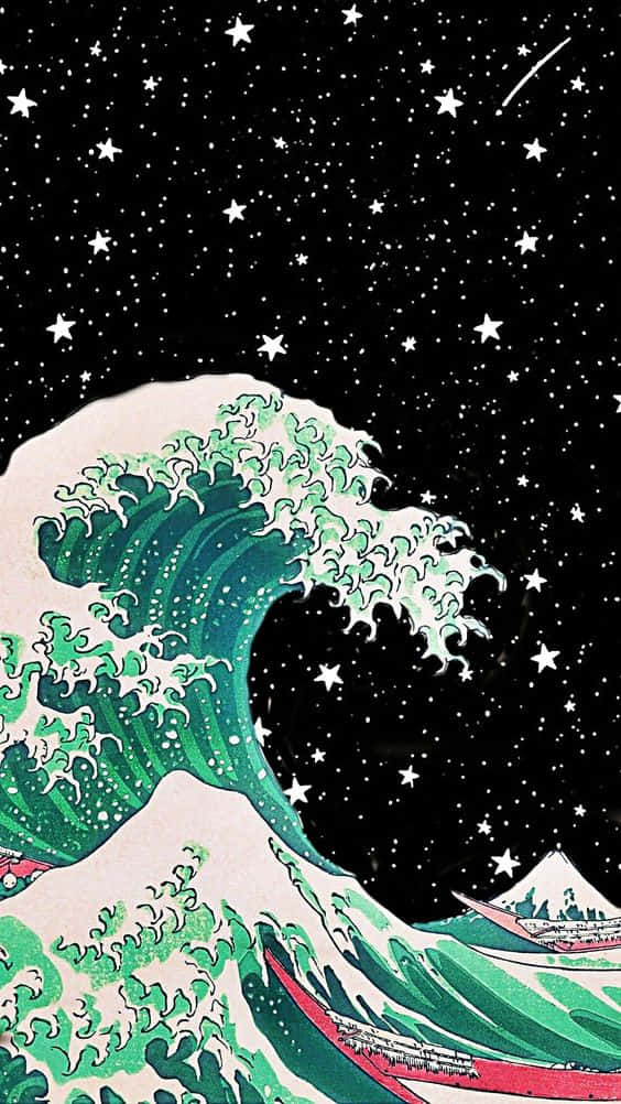 在繁星點點的夜空下，一道巨大的綠色波浪，背景有山和流星。