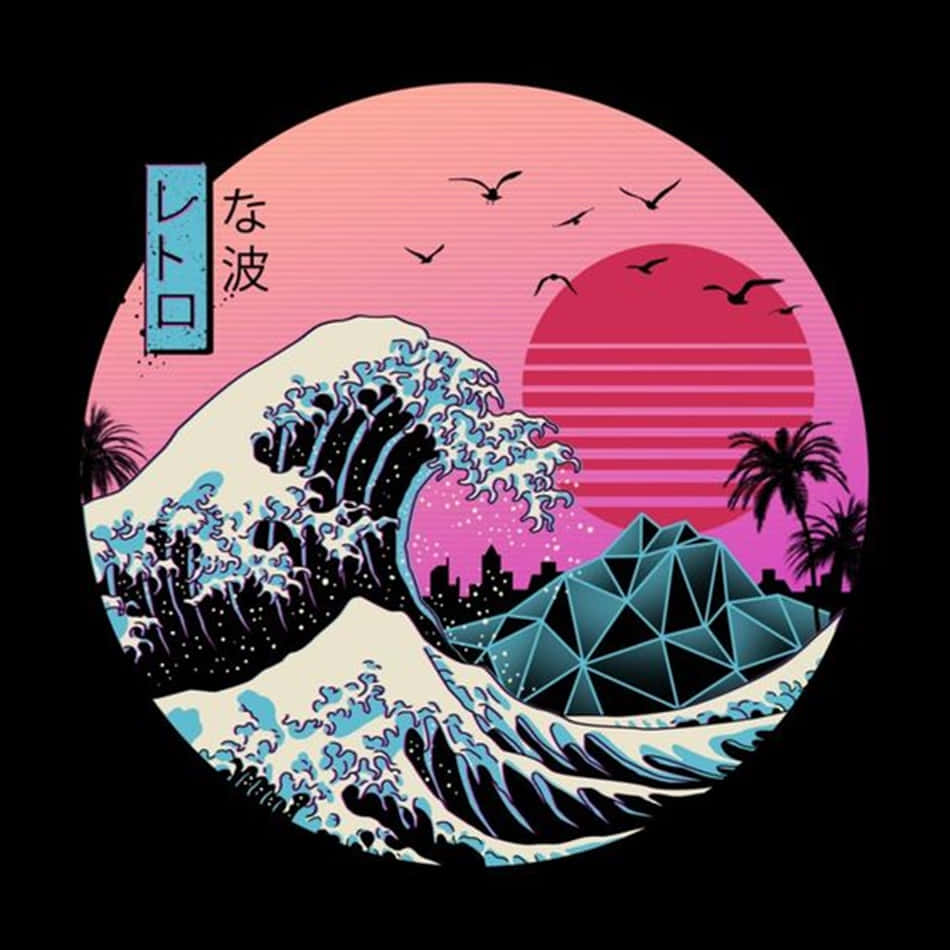 巨浪遇上復古日落，棕櫚樹和金字塔在風格化的數位藝術中。