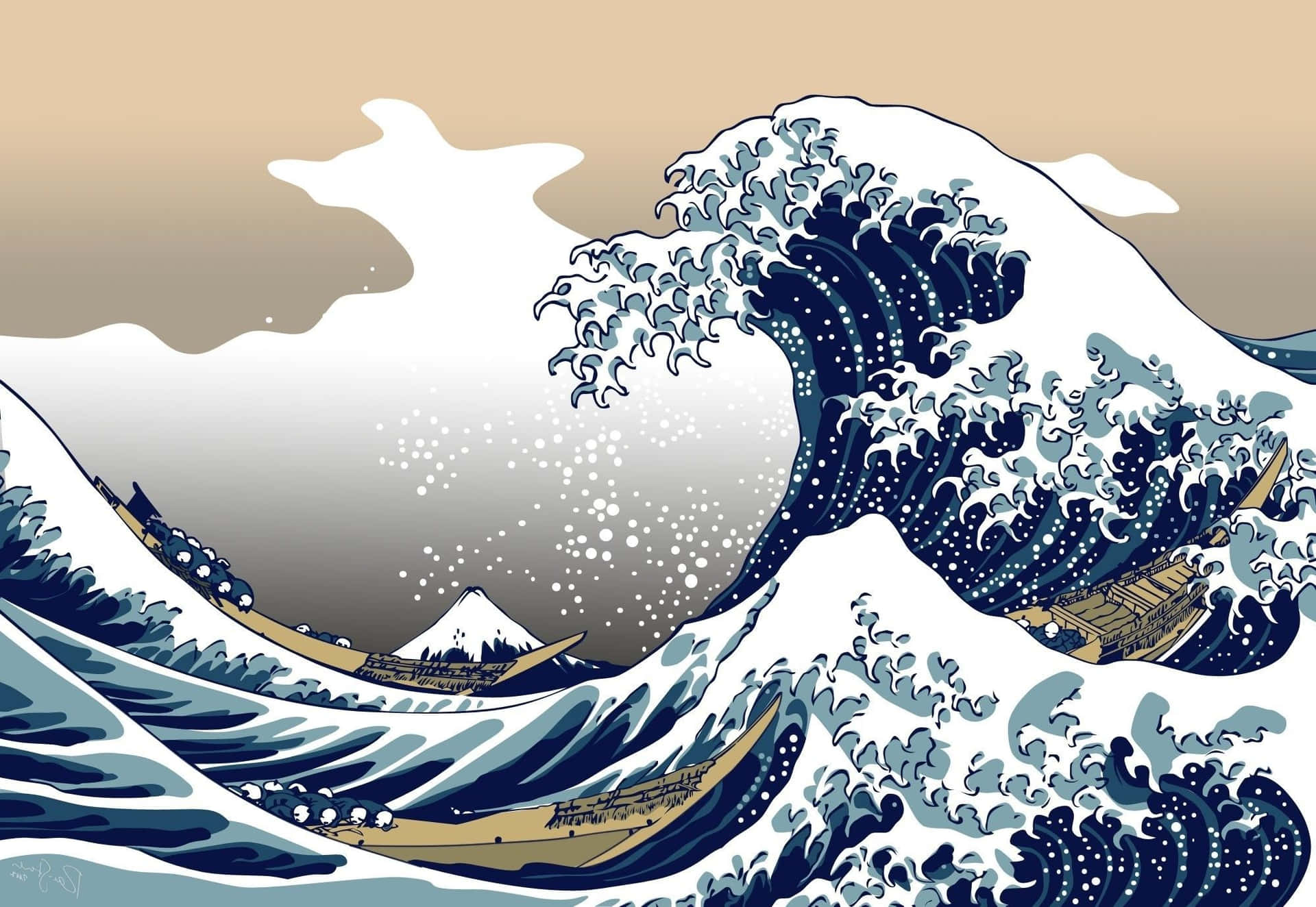 神奈川沖浪裏，帶有富士山和小船，採用傳統日本藝術風格。