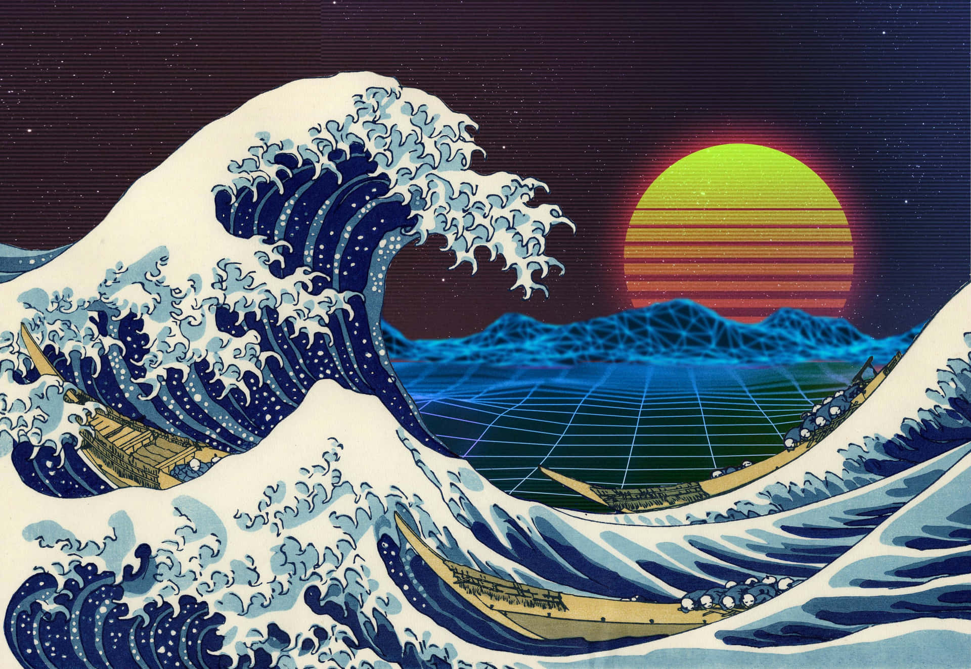 在霓虹日落和數位網格景觀下，帶有船隻的風格化波浪。