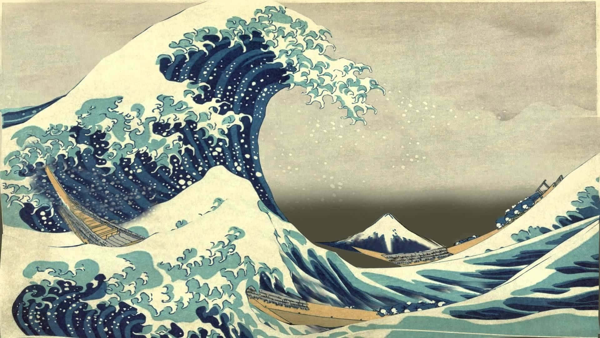 巨浪蓋過船隻，富士山在背景中。