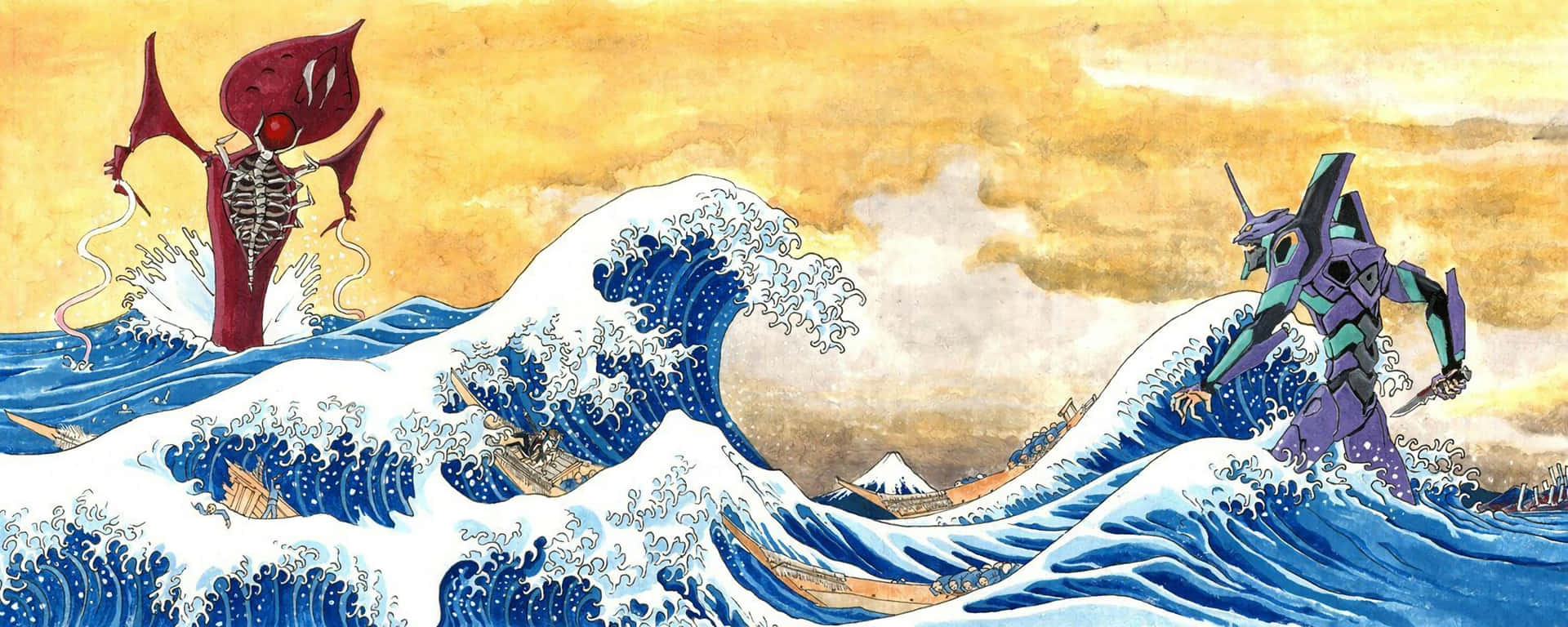 一隻紅色骷髏怪物和紫色機械人在巨浪上戰鬥，背景是富士山。