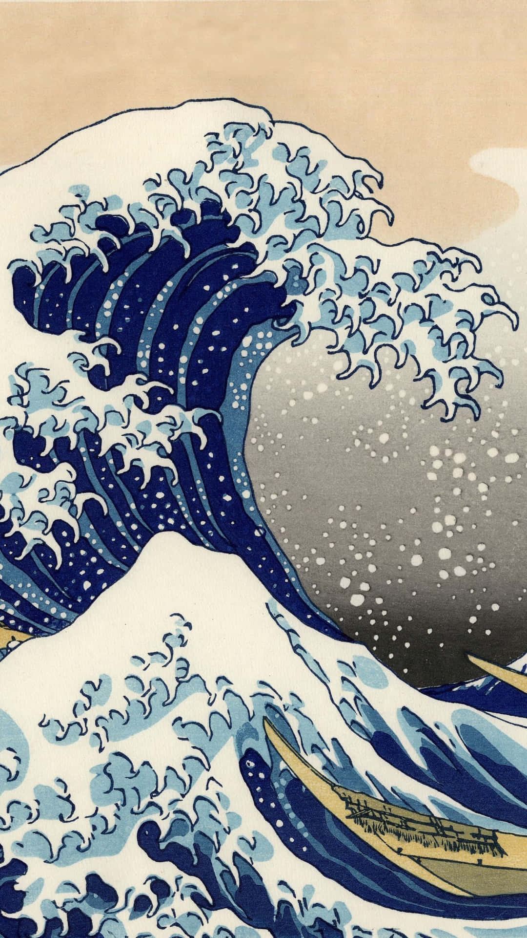 一道帶有白色泡沫的巨大藍色波浪主導了場景，小船在其頂端乘風破浪。
