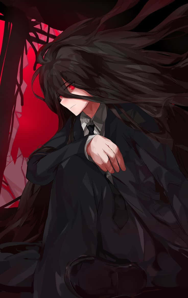 神山佐和 Danganronpa 壁紙 — 一個黑髮動漫角色，紅眼睛，身穿黑色西裝，站在鮮紅色背景前，頭髮飄逸。