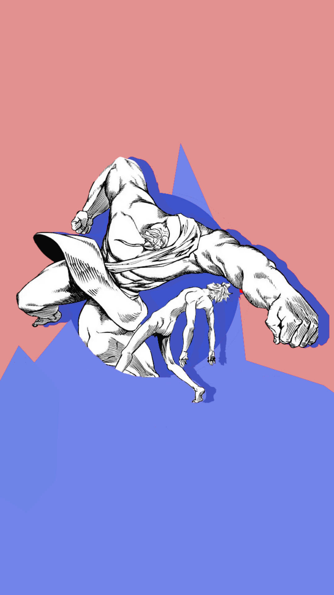 一個風格化的動漫插圖，描繪一個肌肉發達的人物在粉紅色和藍色背景上移動。