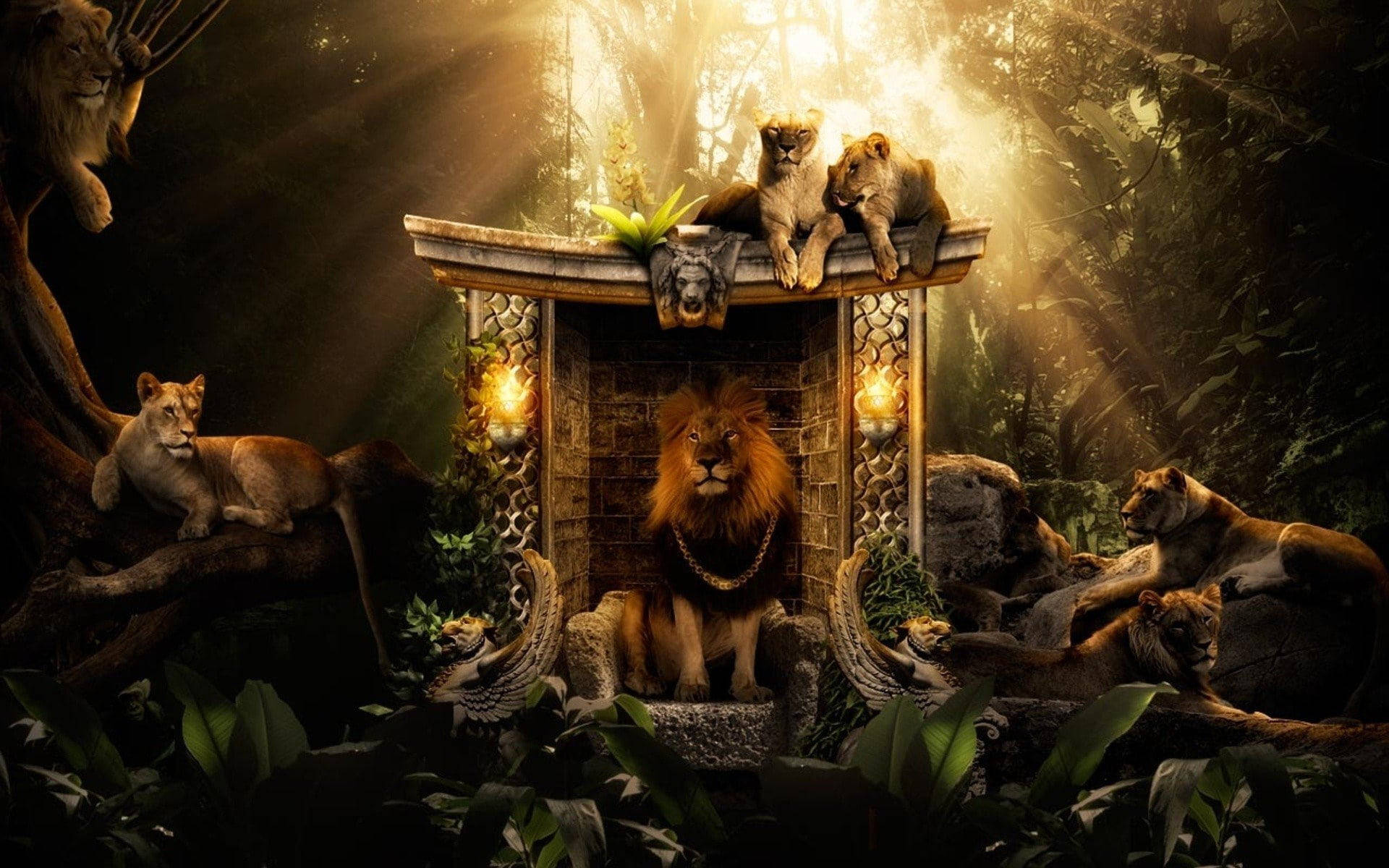 獅子王坐在石頭王座上，在叢林中被獅群環繞，陽光照射。