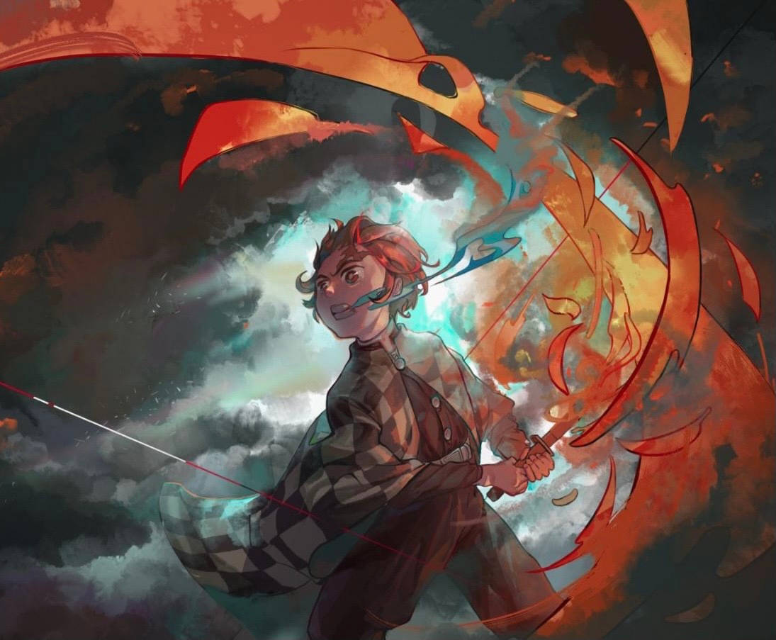 神火舞 火神之舞 壁紙 — 一位堅定的動漫戰士在暴風雨中揮舞著發光的劍對抗火焰惡魔。