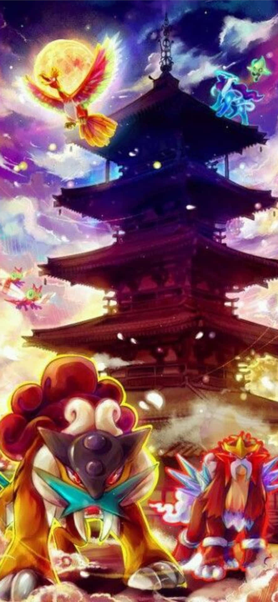 神獸炎帝沐浴烈焰之威 壁紙 — 奇幻動畫生物在充滿魔法能量的 vibrant 月光下圍繞著發光的寶塔飛翔。