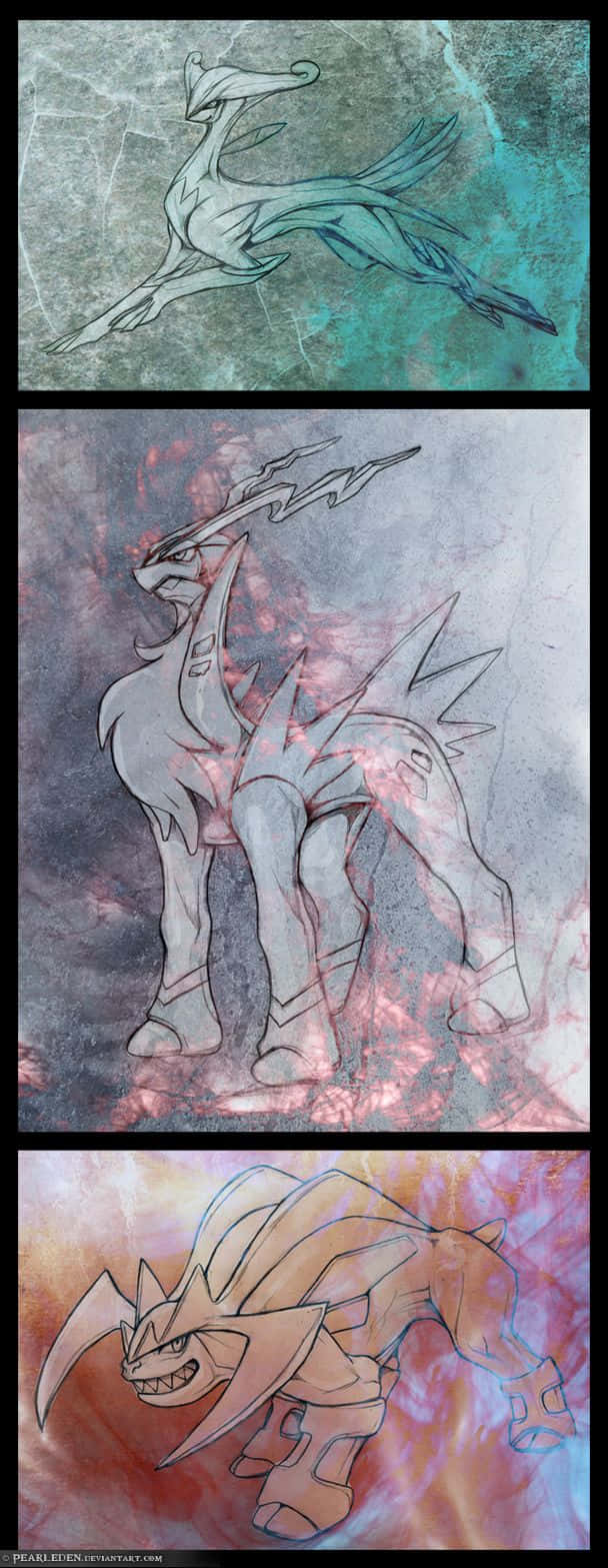 三個寶可夢角色，以藝術草圖和質感背景呈現。