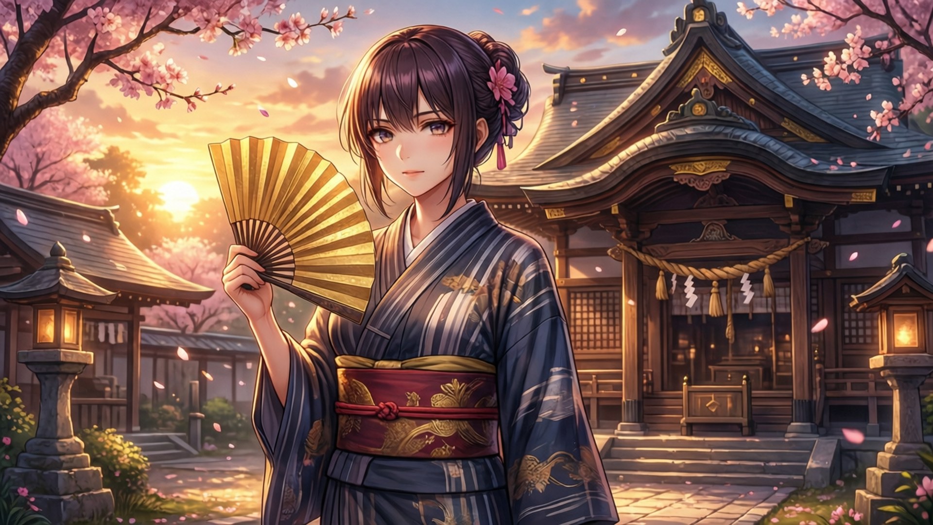年輕女子穿著和服在日落時分的櫻花下於日本神社前拿著扇子。