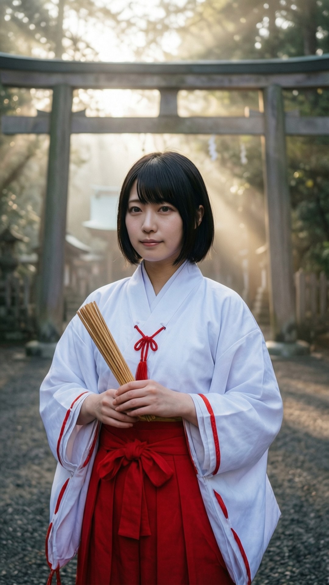 身穿傳統日本和服的年輕女子在日落時分於神社門口手持香。